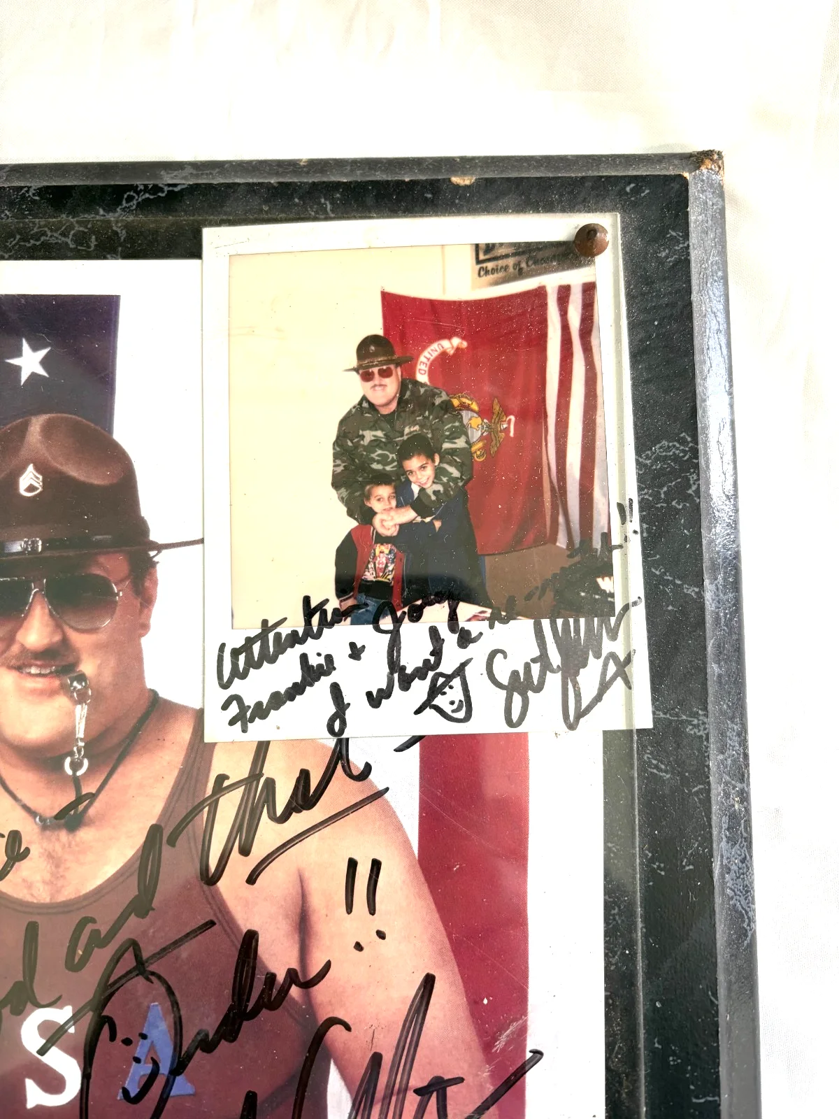 Sgt Slaughter — Sgt Slaughter Hand Signed 8 by 10 photo with small photo with kids (Framed) WoW, image 2