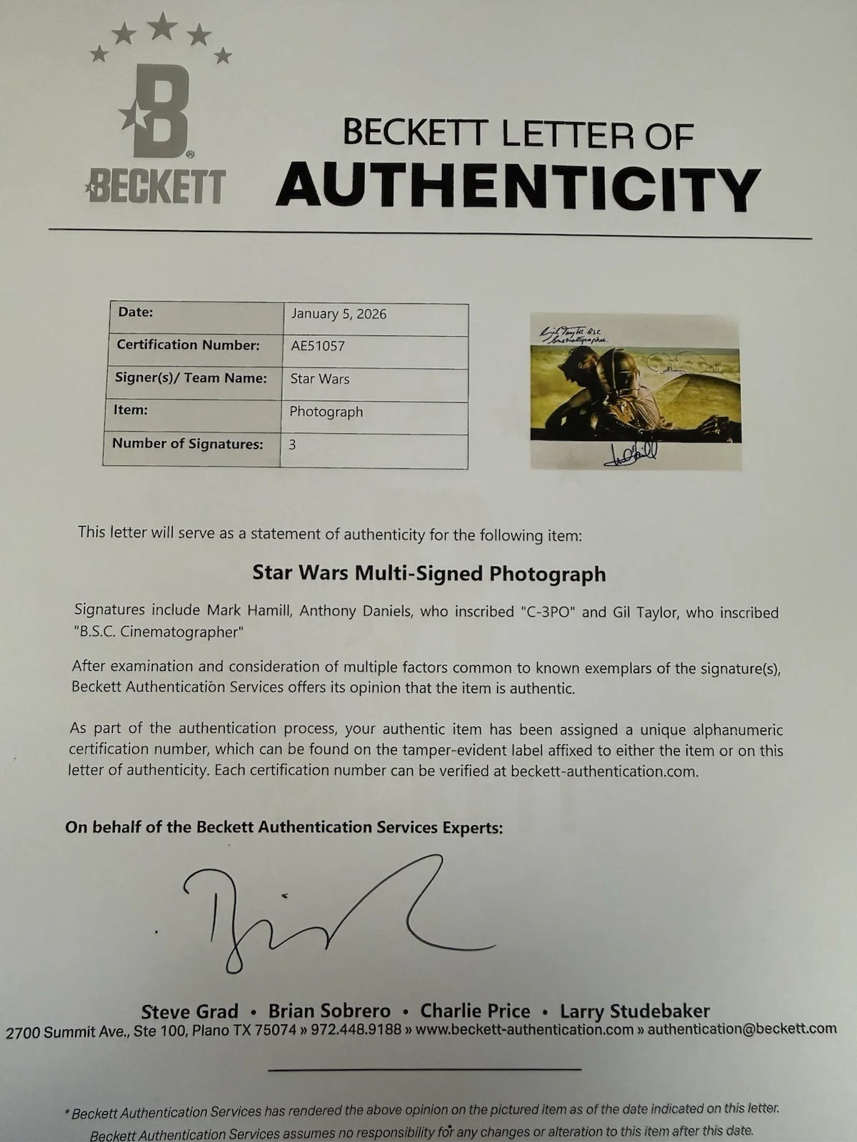 Dual Signed Mark Hamill Anthony Daniels Gil Taylor Star Wars Beckett LOA 8x10, изображение 2