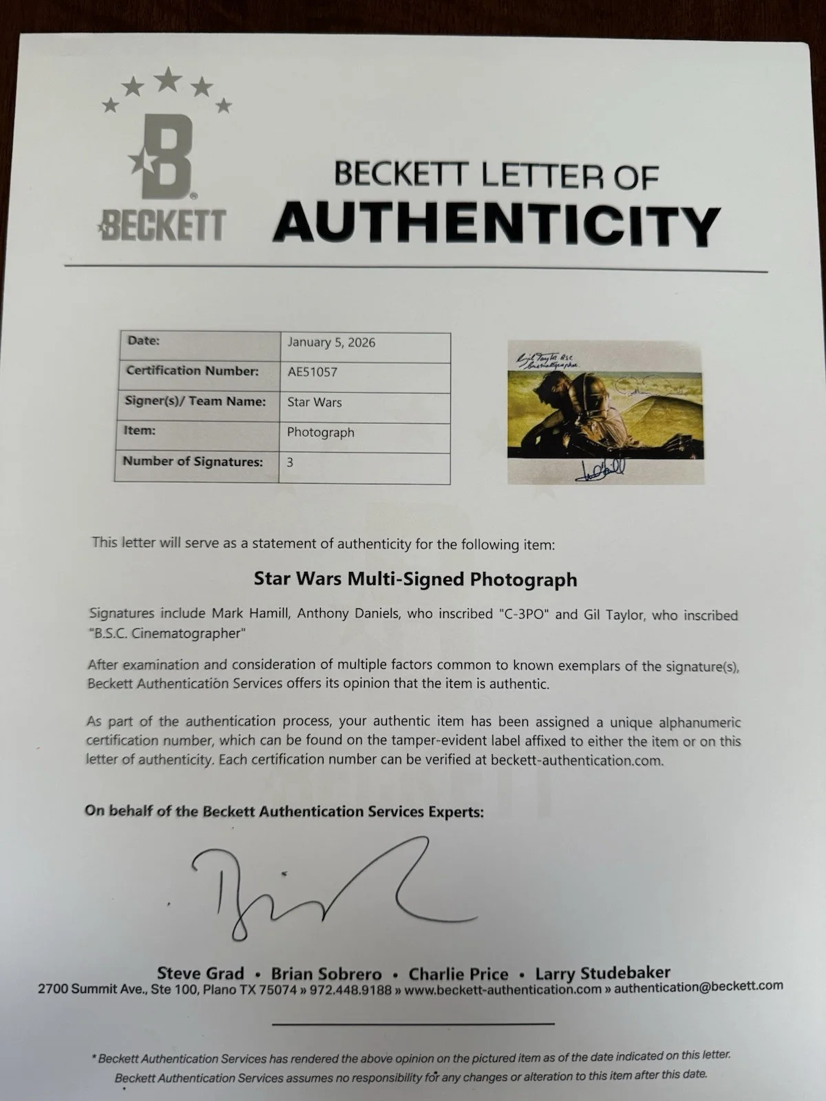 Dual Signed Mark Hamill Anthony Daniels Gil Taylor Star Wars Beckett LOA 8x10, изображение 4