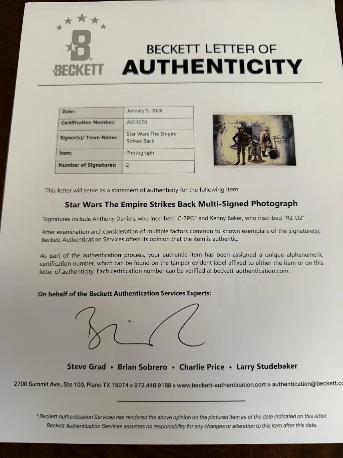 Hand Signed Anthony Daniels C-3PO Kenny Baker R2D2 Autographed Star Wars Beckett, изображение 2
