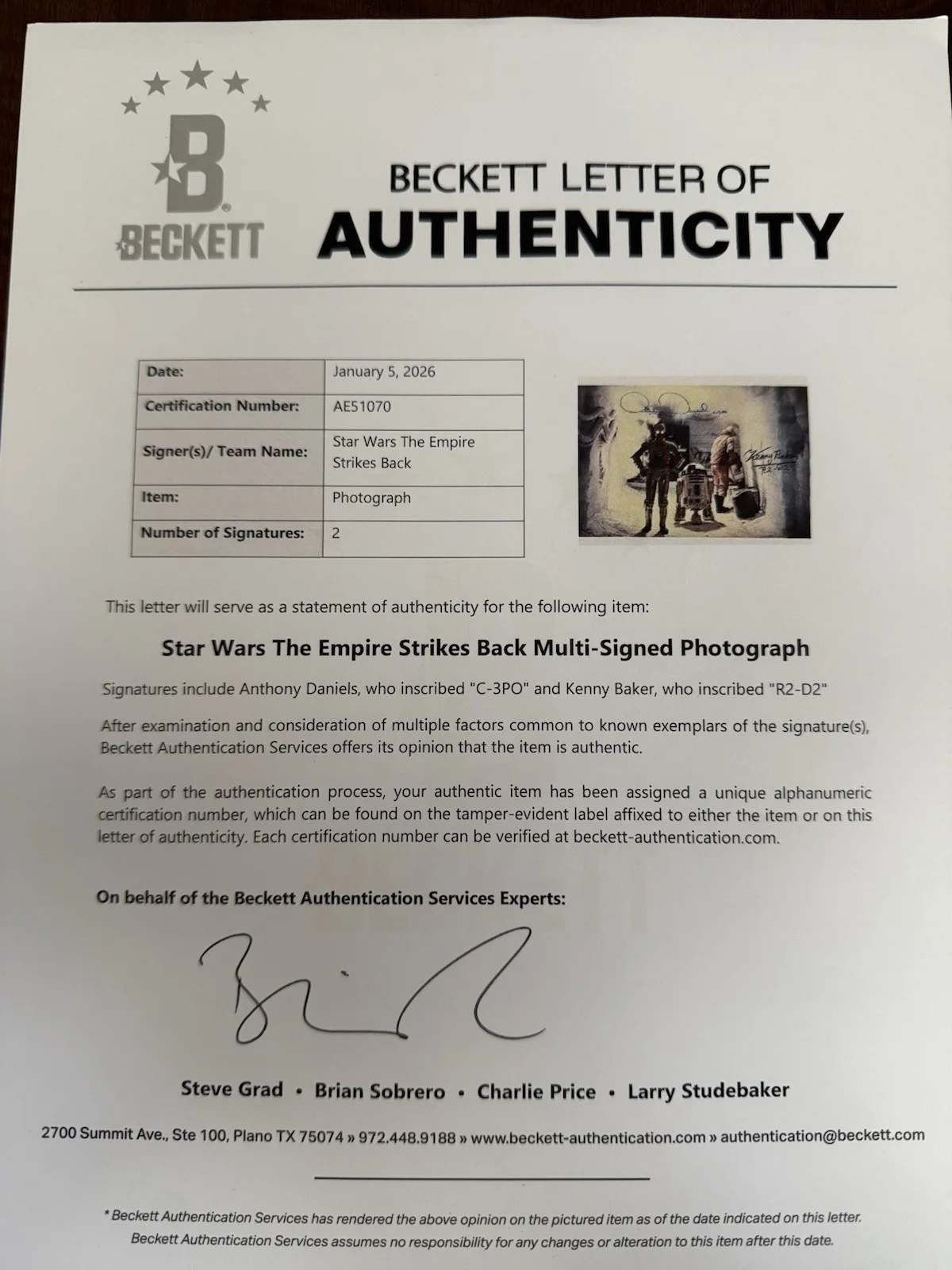 Hand Signed Anthony Daniels C-3PO Kenny Baker R2D2 Autographed Star Wars Beckett, изображение 5