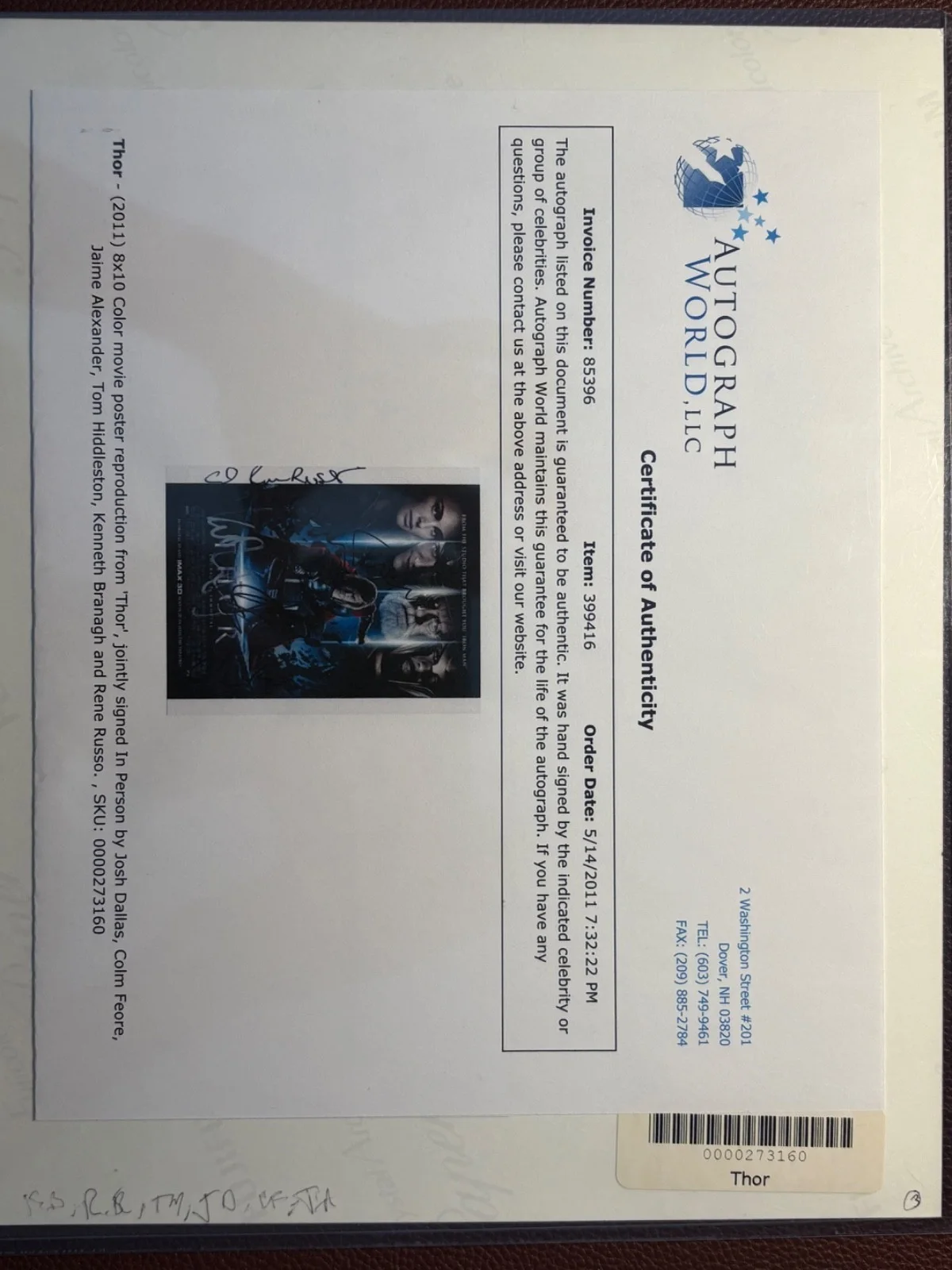 Cast of Thor — Hiddleston Feore Russo Alexander Branagh signed 8x10 Photo Autograph World COA, изображение 2
