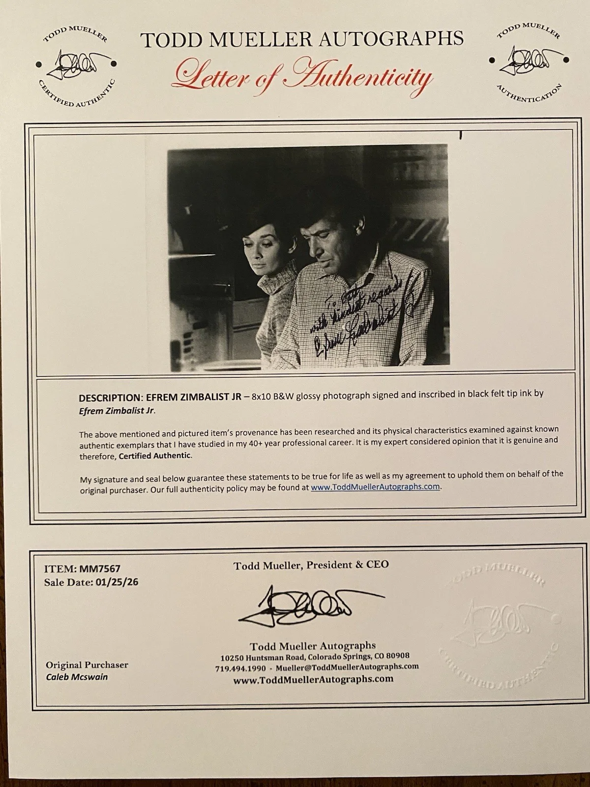 Efrem Zimbalist Jr — Efrem Zimbalist Jr Signed Autographed Photo With COA Wait Until Dark RARE, image 4