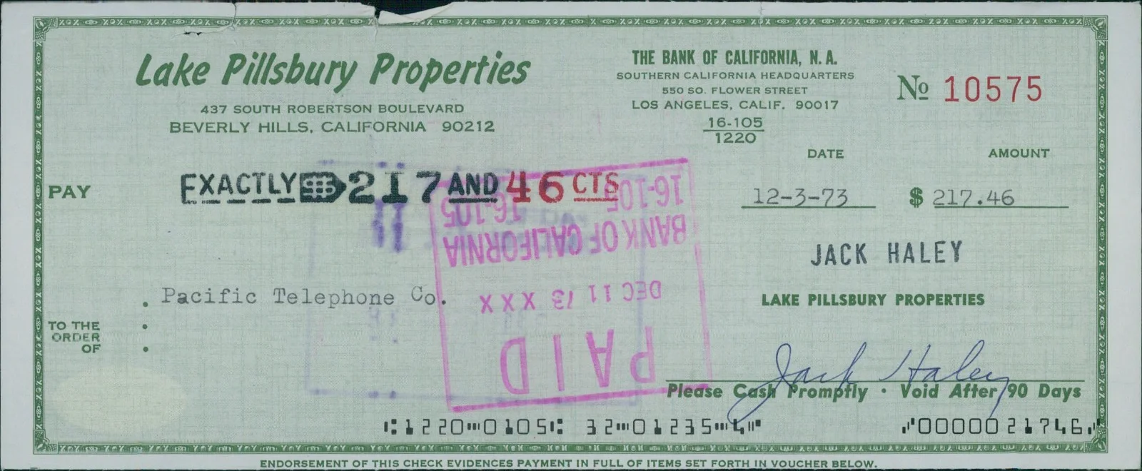 Jack Haley — Jack Haley The Wizard of Oz Actor Signed Green Cancelled Check JSA Authenticated