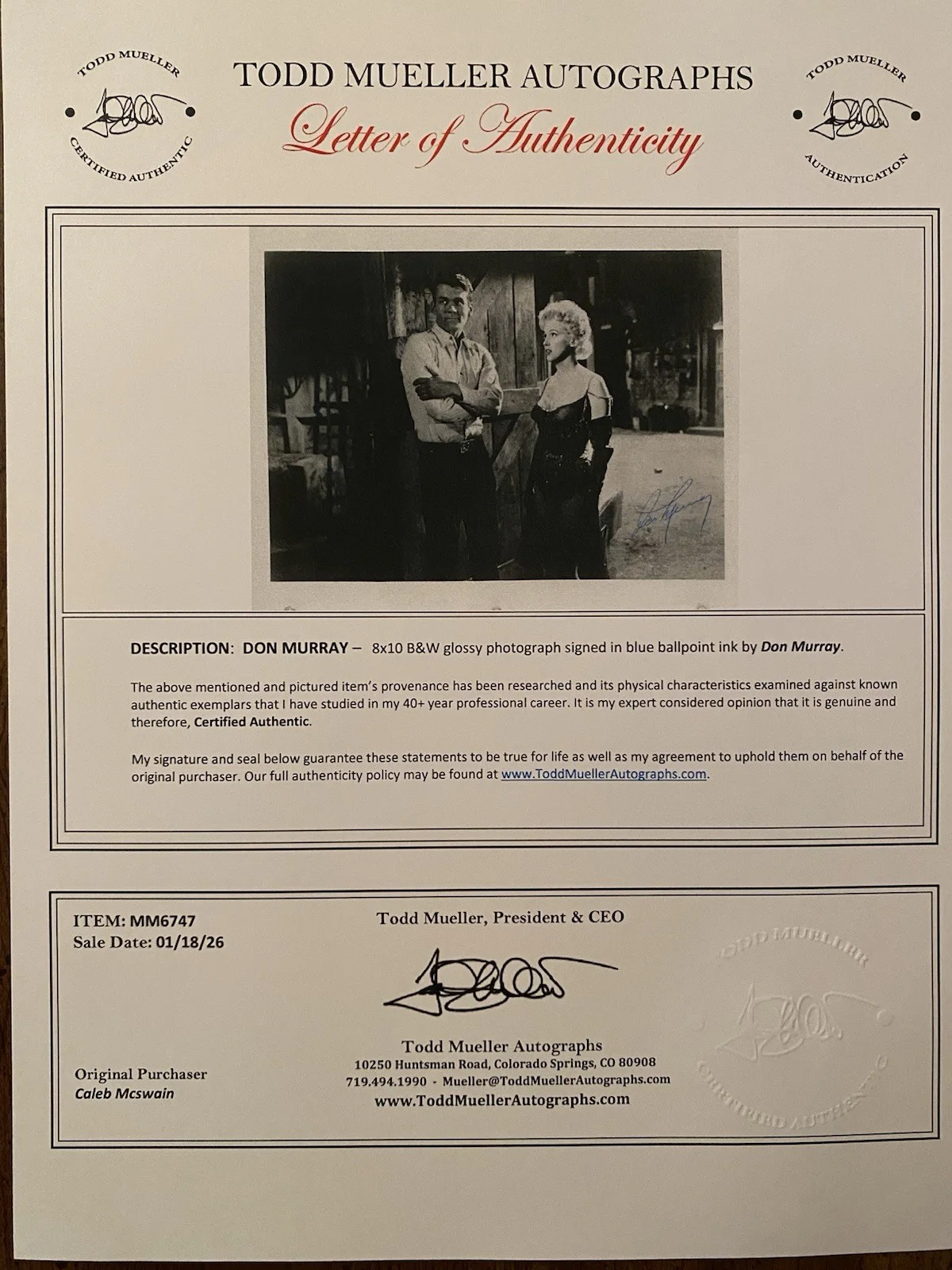 Don Murray — Don Murray Signed Autographed Photo With Marilyn Monroe With COA Bus Stop, image 4