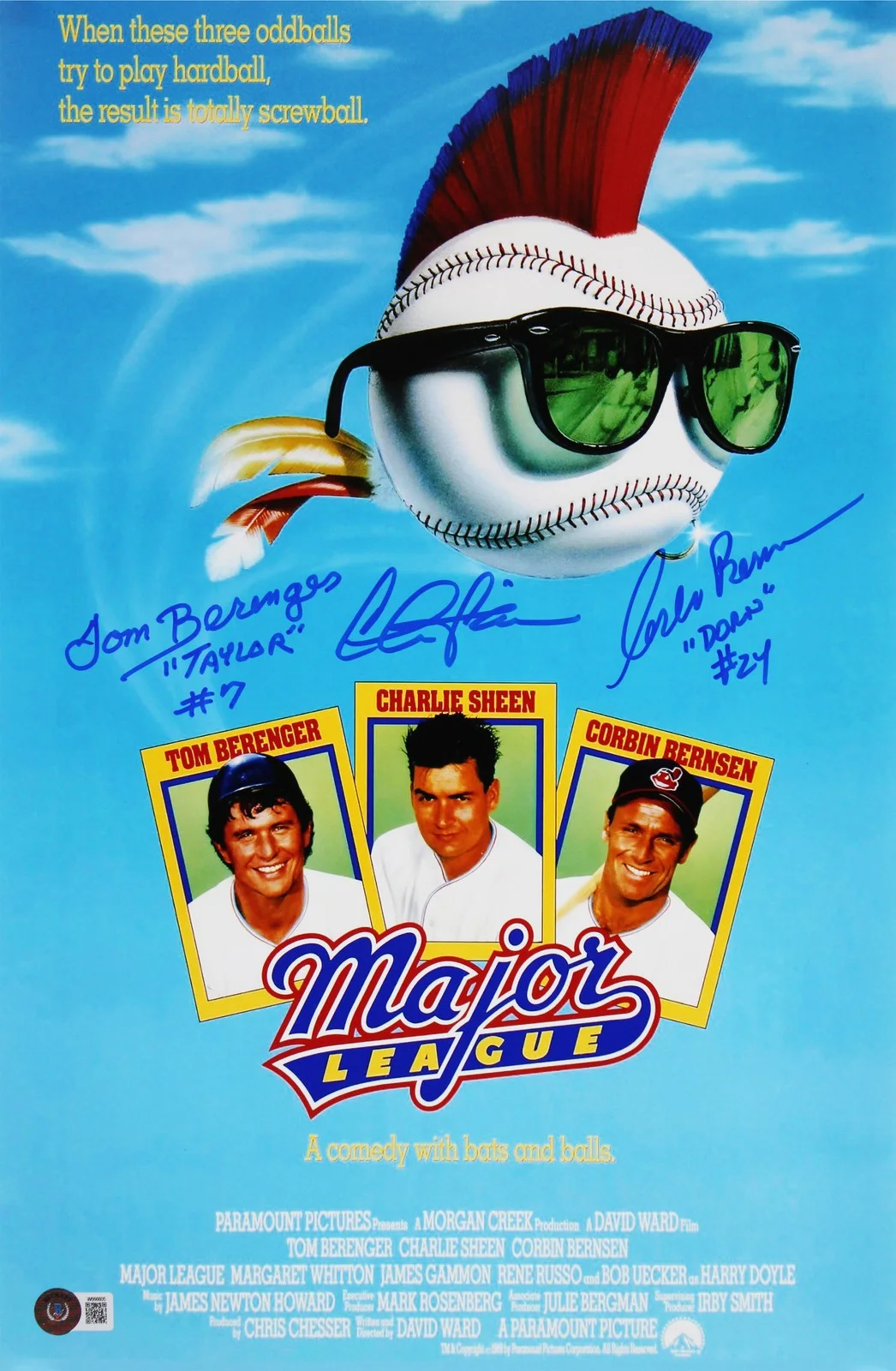 Charlie Sheen, Tom Berenger, & Corbin Bernsen — Major League (3) Sheen, Berenger & Bernsen Signed 12x18 Movie Poster Photo BAS W