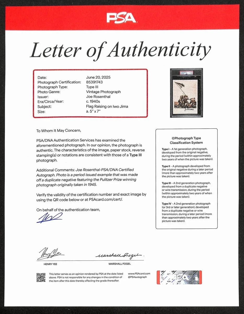 Joe Rosenthal Signed Type III 5X7 Flag Raising on Iwo Jima Photo PSA/DNA 201295, изображение 3
