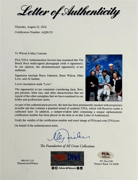 Beach Boys Multi-Signed 11x14 Photo Wilson/Love/Jardine/Johnston PSA/DNA 199691, изображение 2