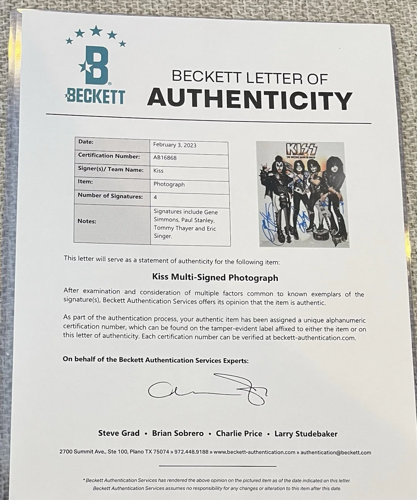KISS Band Signed 8x10 Photo NICE Autographs Full Beckett Letter Rare, изображение 3