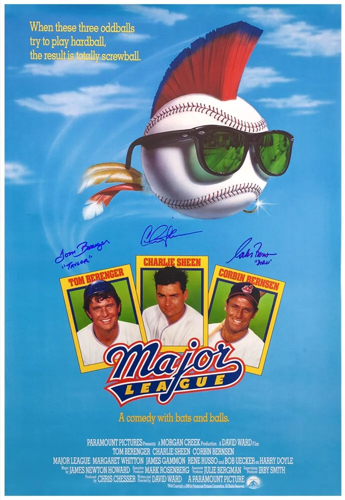 Tom Berenger — Charlie Sheen, Bernsen, Berenger Signed Major League 27x40 Poster w/2-INS SS COA