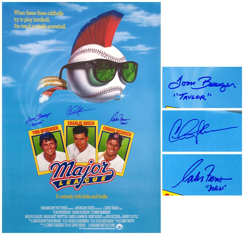 Tom Berenger — Charlie Sheen, Bernsen, Berenger Signed Major League 27x40 Poster w/2-INS SS COA, изображение 2