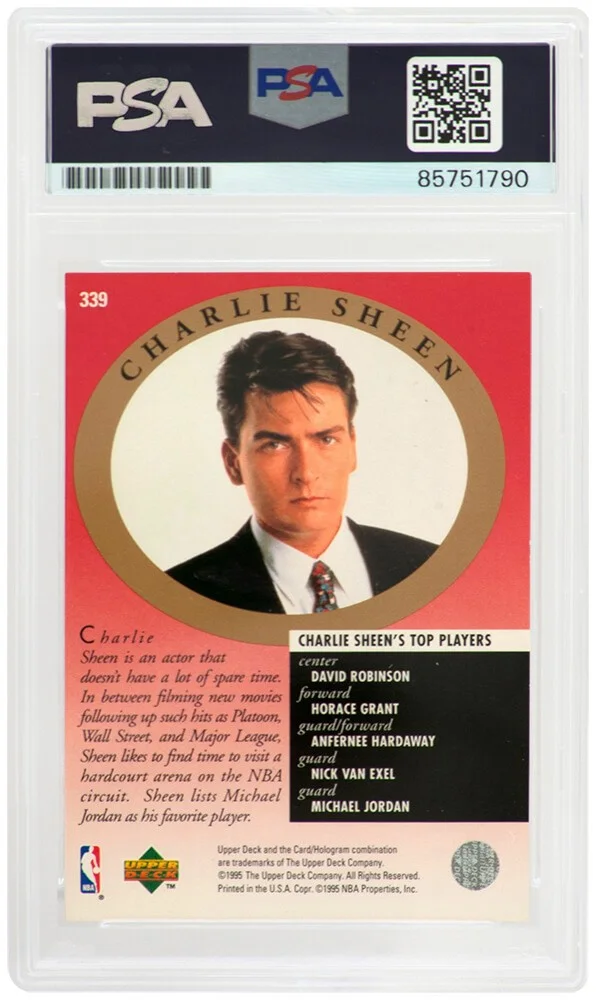 Websites — Charlie Sheen Signed 1995-96 UD Major Attractions Michael Jordan Card #339 - PSA, image 2