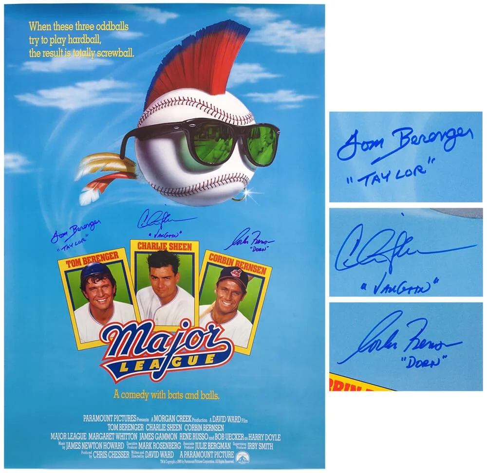 Tom Berenger — Charlie Sheen, Bernsen, Berenger Signed Major League 27x40 Poster w/Names SS COA, изображение 2