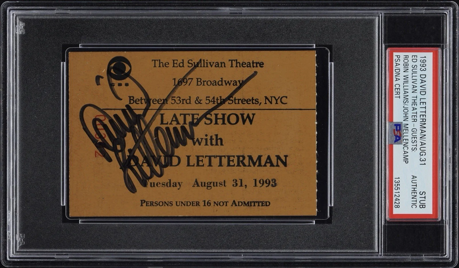David Letterman — David Letterman Signed Late Show Ticket Stub • August 31, 1993 (PSA/DNA & JSA)