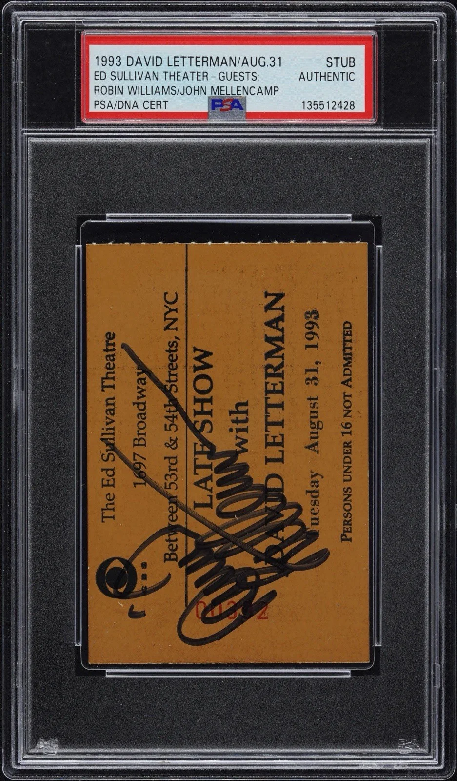 David Letterman — David Letterman Signed Late Show Ticket Stub • August 31, 1993 (PSA/DNA & JSA), изображение 2