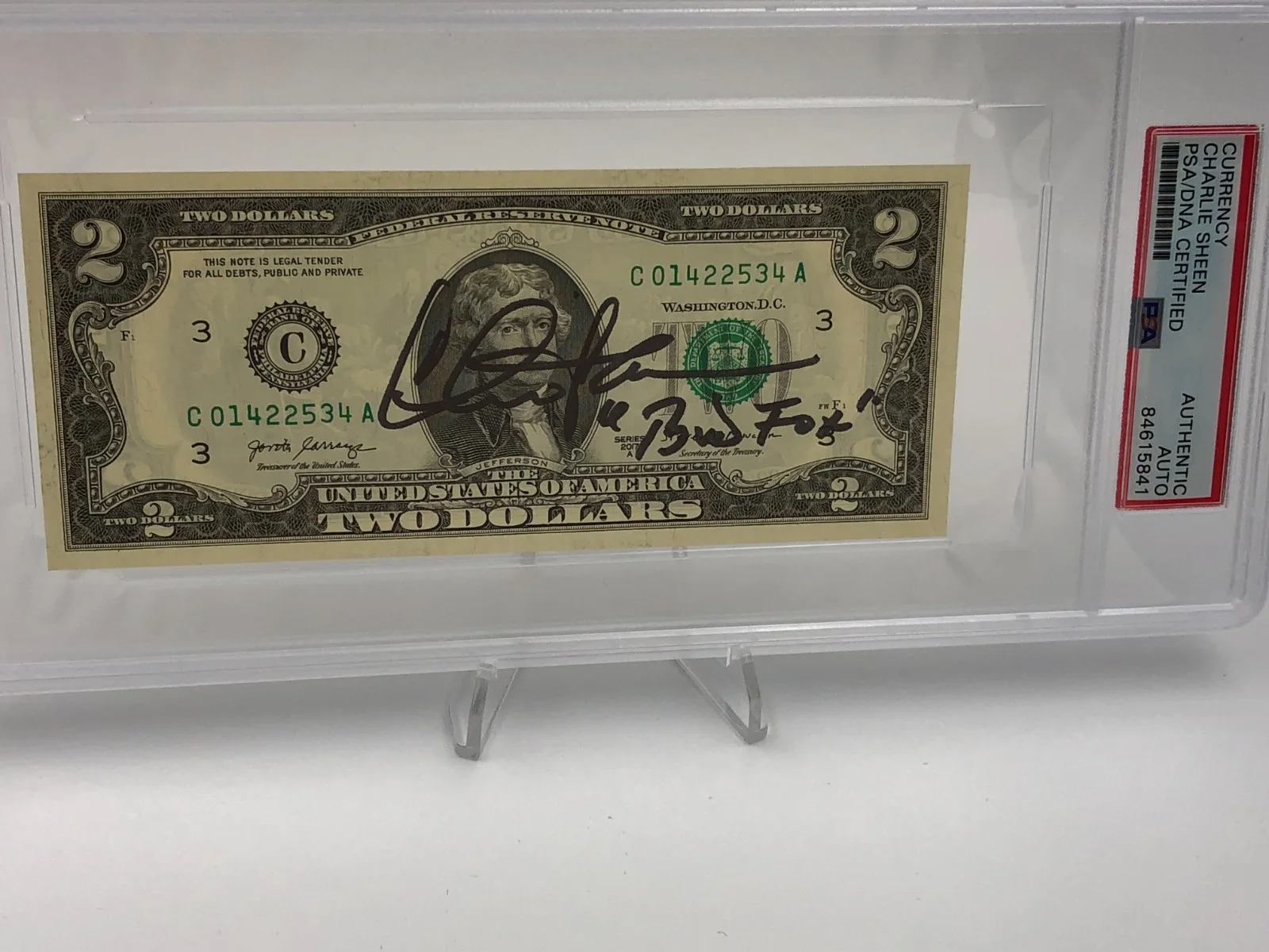 CHARLIE SHEEN AUTO Signed PSA AUTHENTIC Signed $2 BILL as BUD FOX in WALL STREET, изображение 5