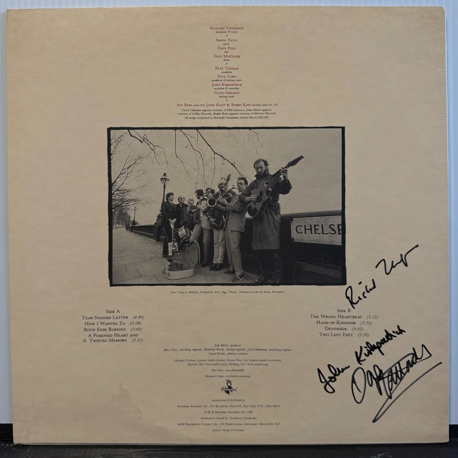 RICHARD THOMPSON "Hand Of Kindness" USA vinyl pressing AUTOGRAPHED BY 3 MEMBERS, image 2
