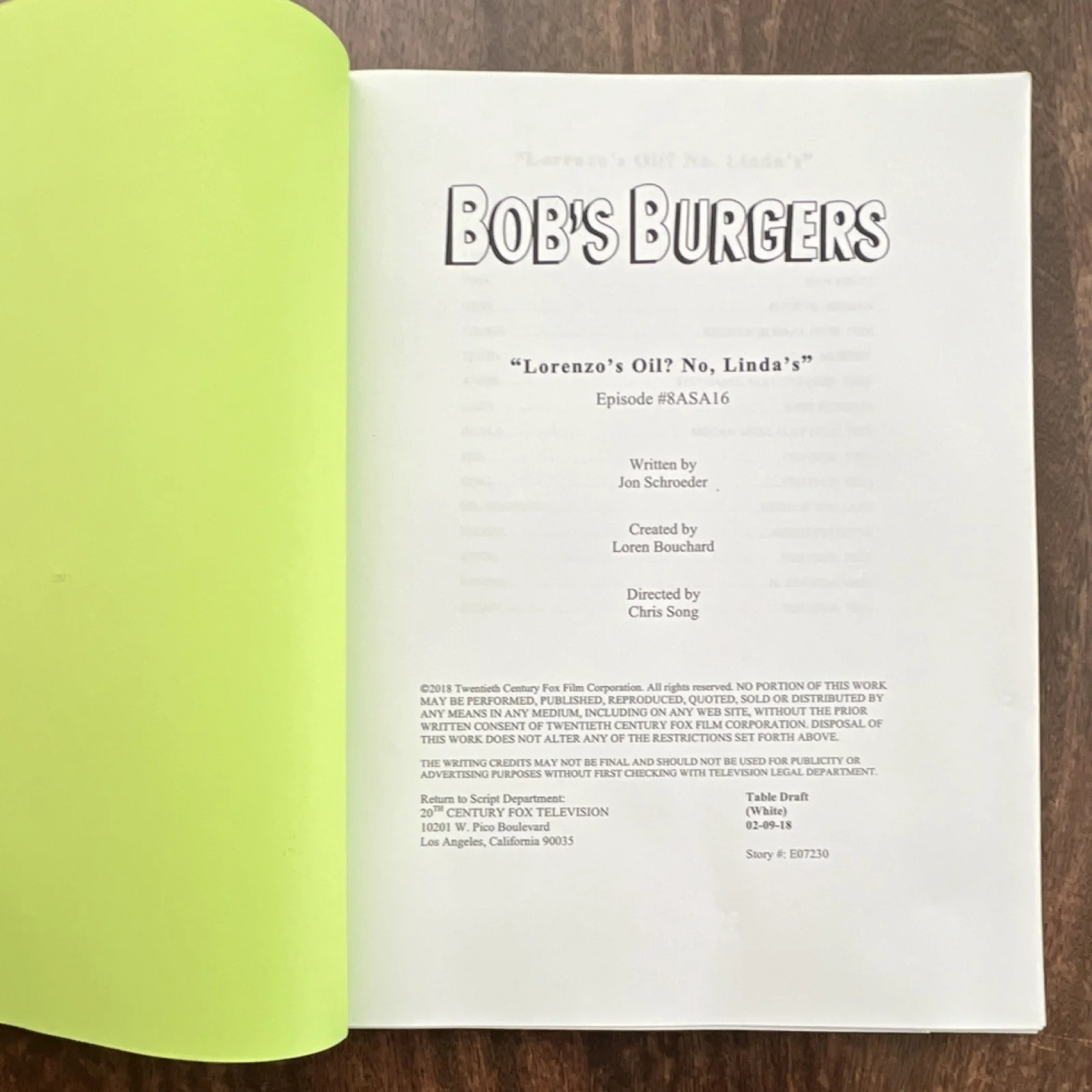 Bob's Burgers Original Script Lorenzo's Oil? No, Linda's Television Episode, изображение 3