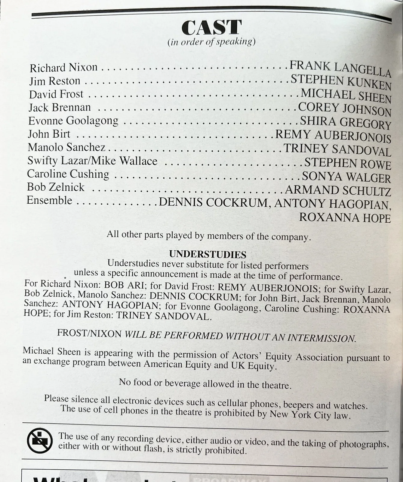Frost Nixon Signed IP Bway Playbill Frank Langella Michael Sheen Stephen Kunken, изображение 2