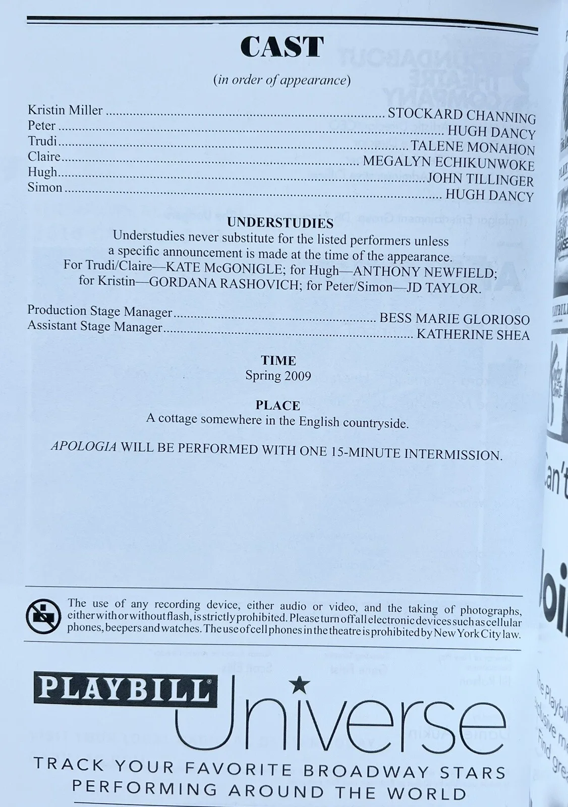 Apologia Signed In Person Bway Playbill - Stockard Channing Megalyn Echikunwoke, изображение 2
