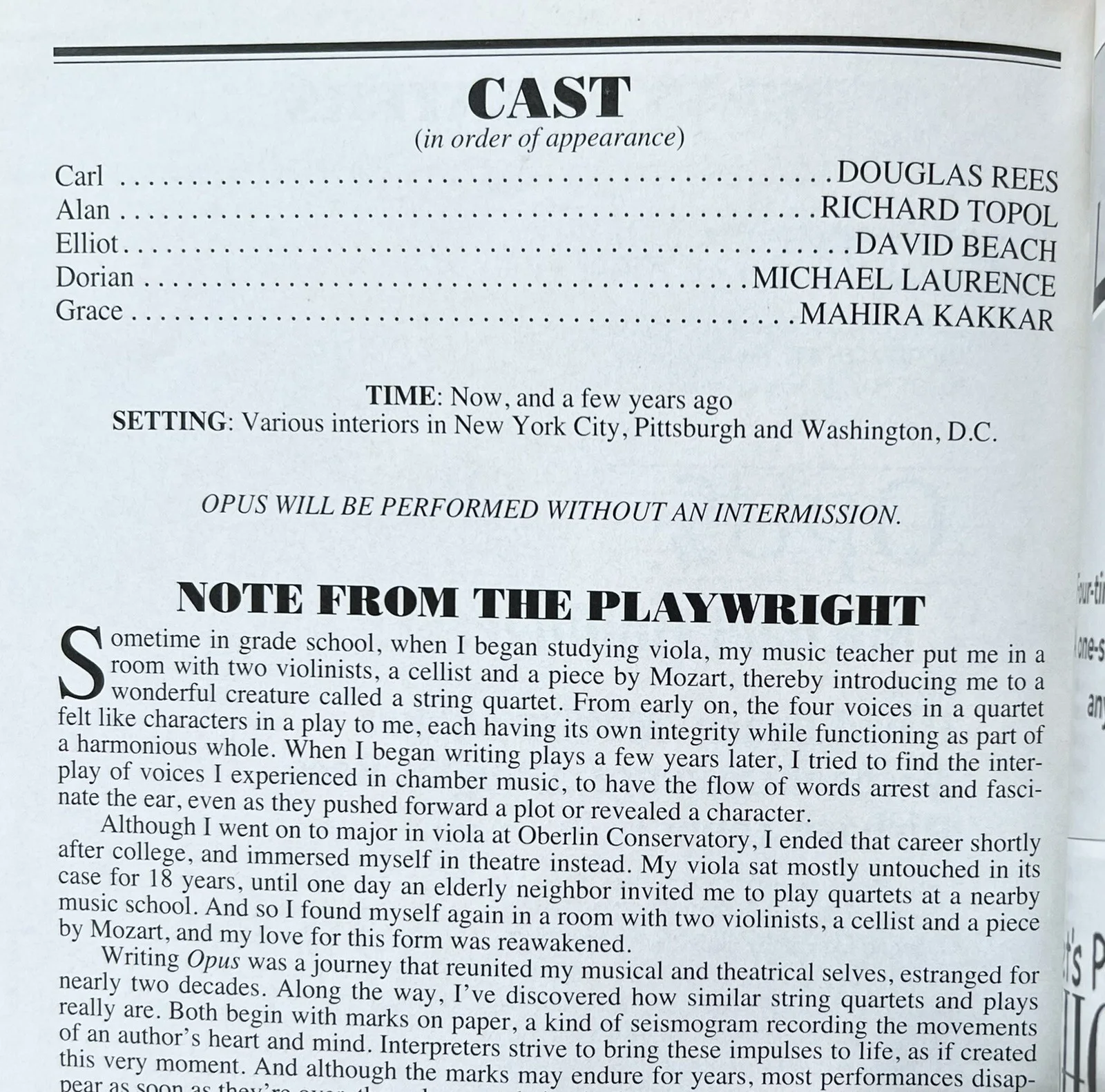 OPUS Signed IP Playbill Douglas Rees Richard Topol David Beach Michael Laurence, image 2