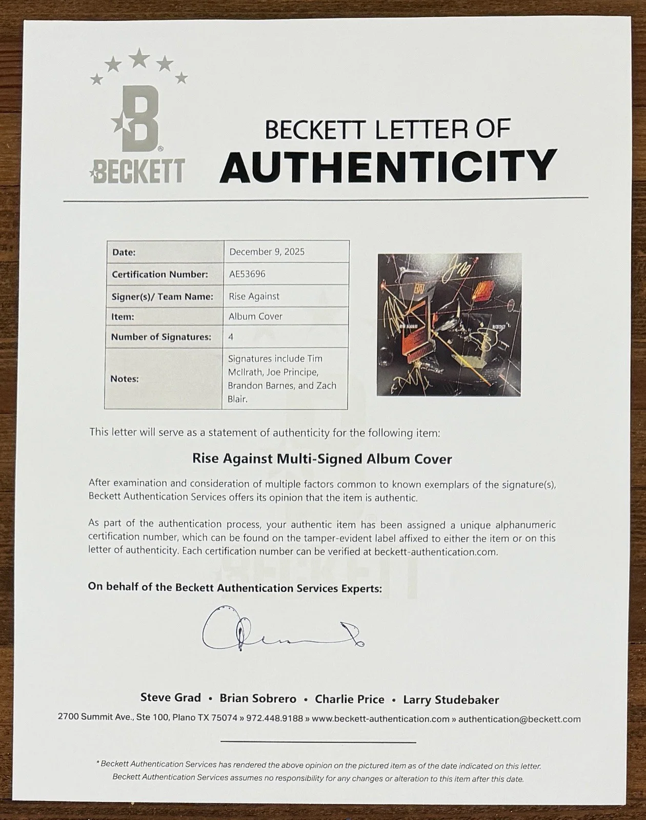 ENTIRE BAND SIGNED RISE AGAINST RICOCHET ORANGE VINYL LP COVER BECKETT BAS COA, изображение 3