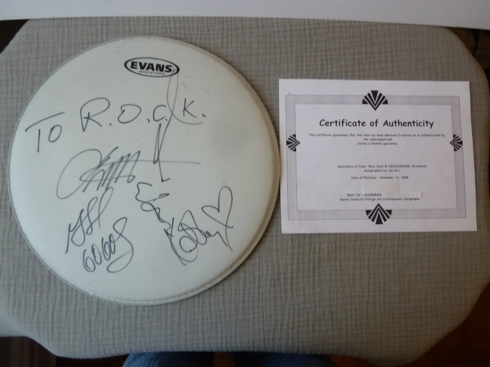 GO-GO'S SIGNED EVANS DRUM HEAD COA, image 2