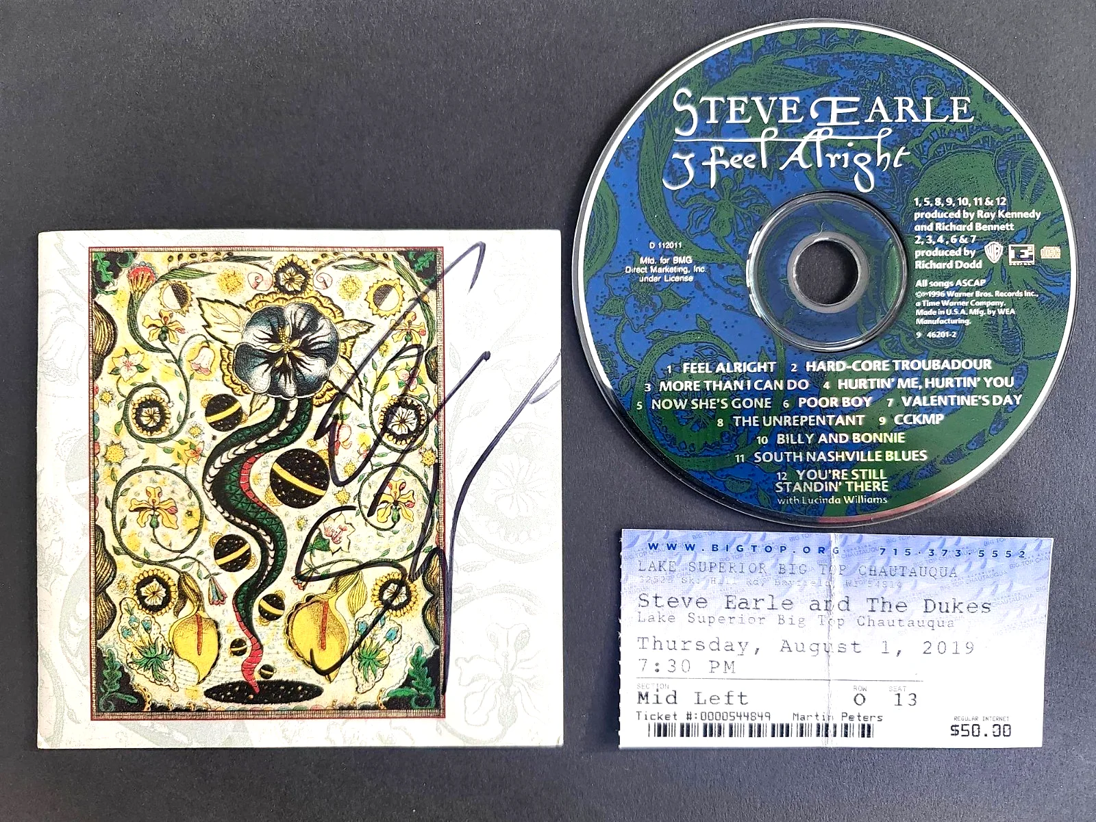 STEVE EARLE I FEEL ALRIGHT AUTOGRAPH CD LINER + CONCERT TICKET CHAUTAUQUA 2019, image 2