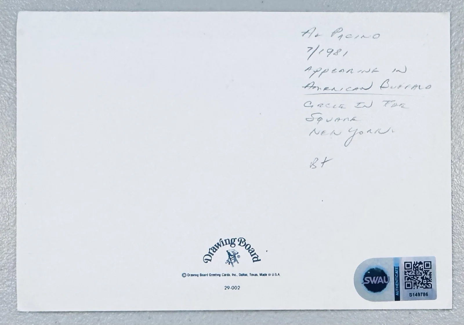 Al Pacino Vintage Signed Autographed 4x6 Card SWAU Authenticated The Godfather, image 2