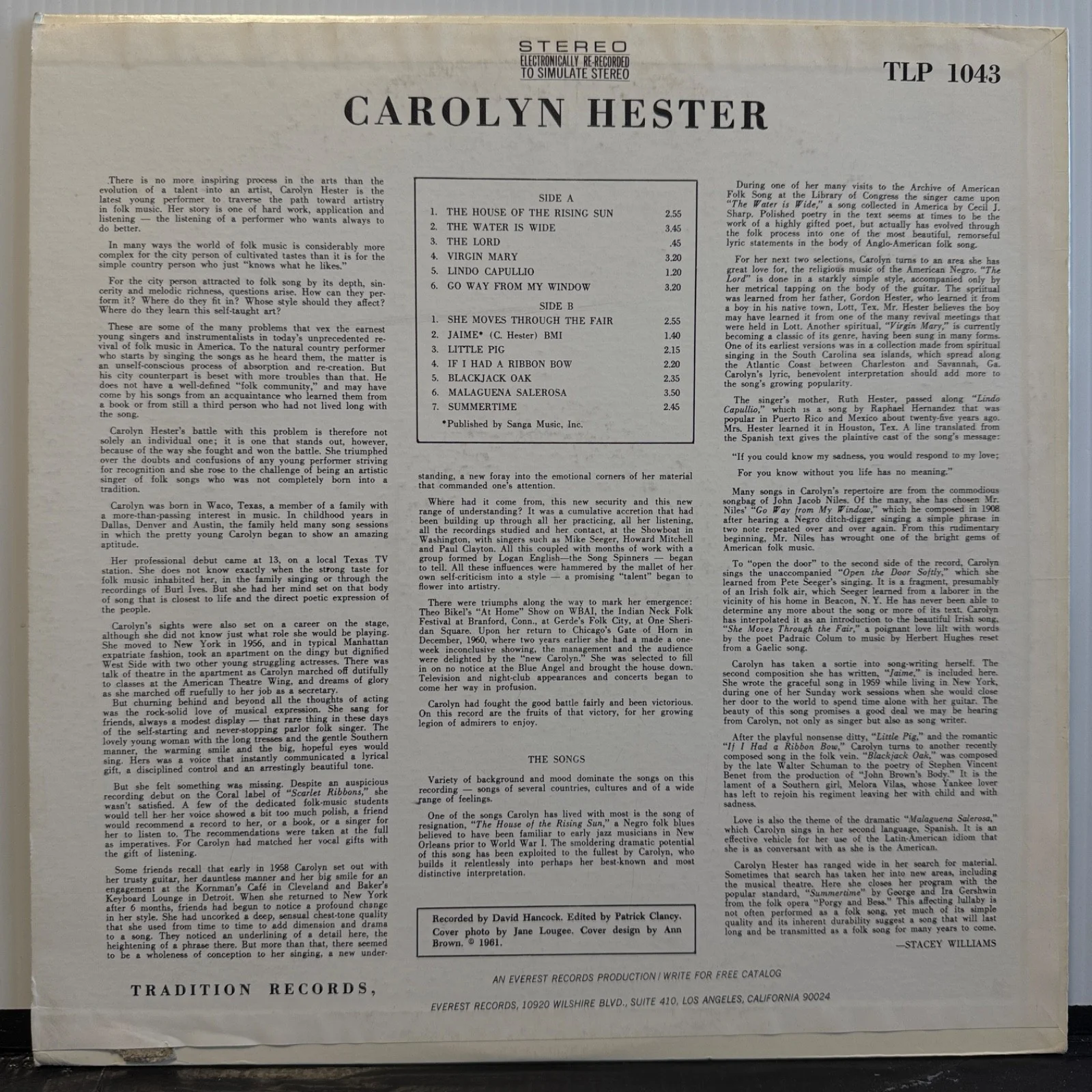 CAROLYN HESTER "Carolyn Hester" AUTOGRAPHED TO MIRO - TLP 1043 USA vinyl reissue, изображение 2