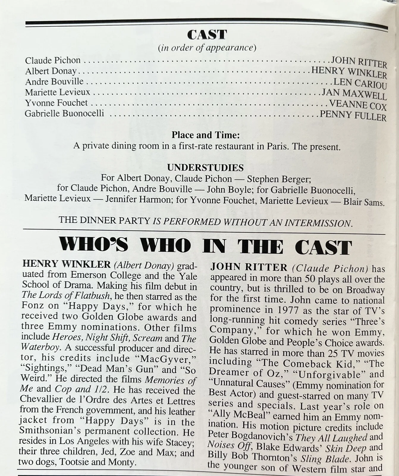 Henry Winkler — The Dinner Party Signed Broadway Playbill - John Ritter Henry Winkler Len Cariou, изображение 2