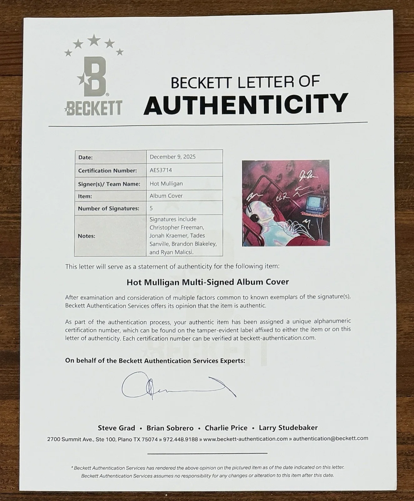 SIGNED HOT MULLIGAN THE SOUND A BODY MAKES WHEN IT’S STILL VINYL BECKETT BAS COA, изображение 5