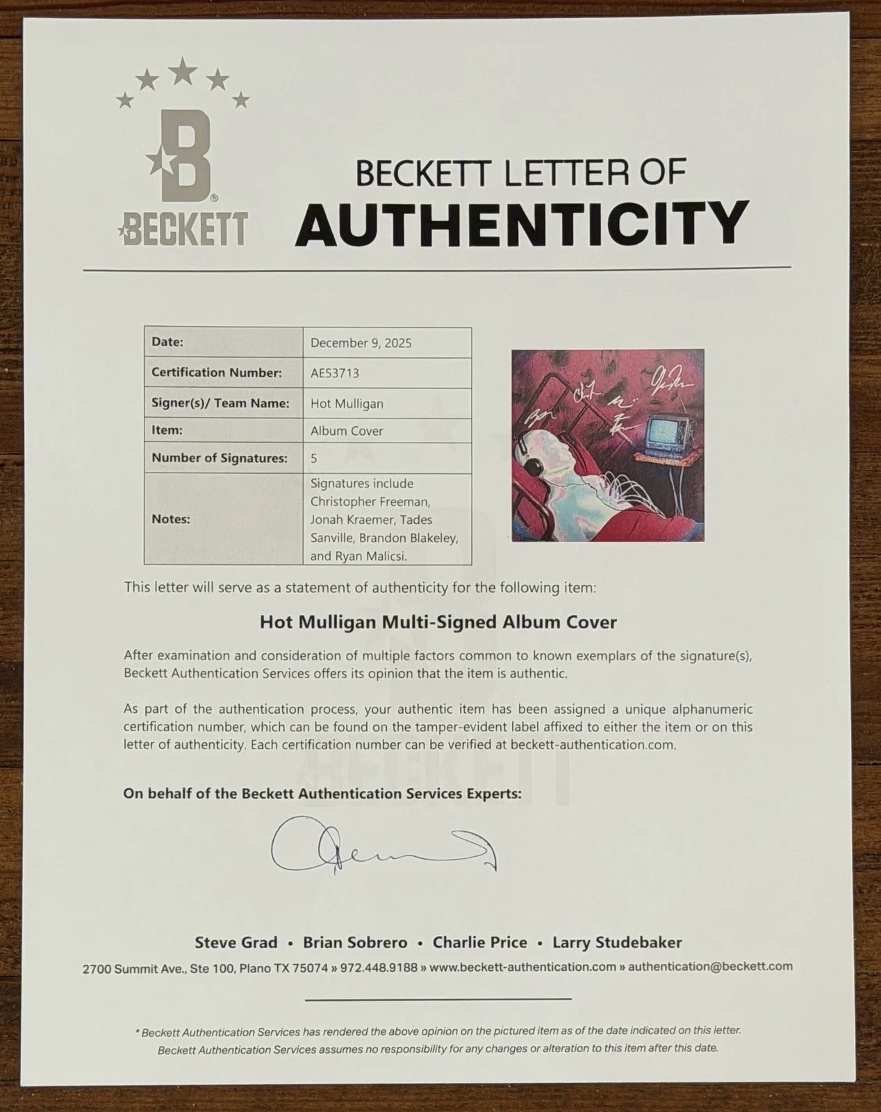 BAND SIGNED HOT MULLIGAN THE SOUND A BODY MAKES WHEN STILL VINYL BECKETT BAS COA, image 3