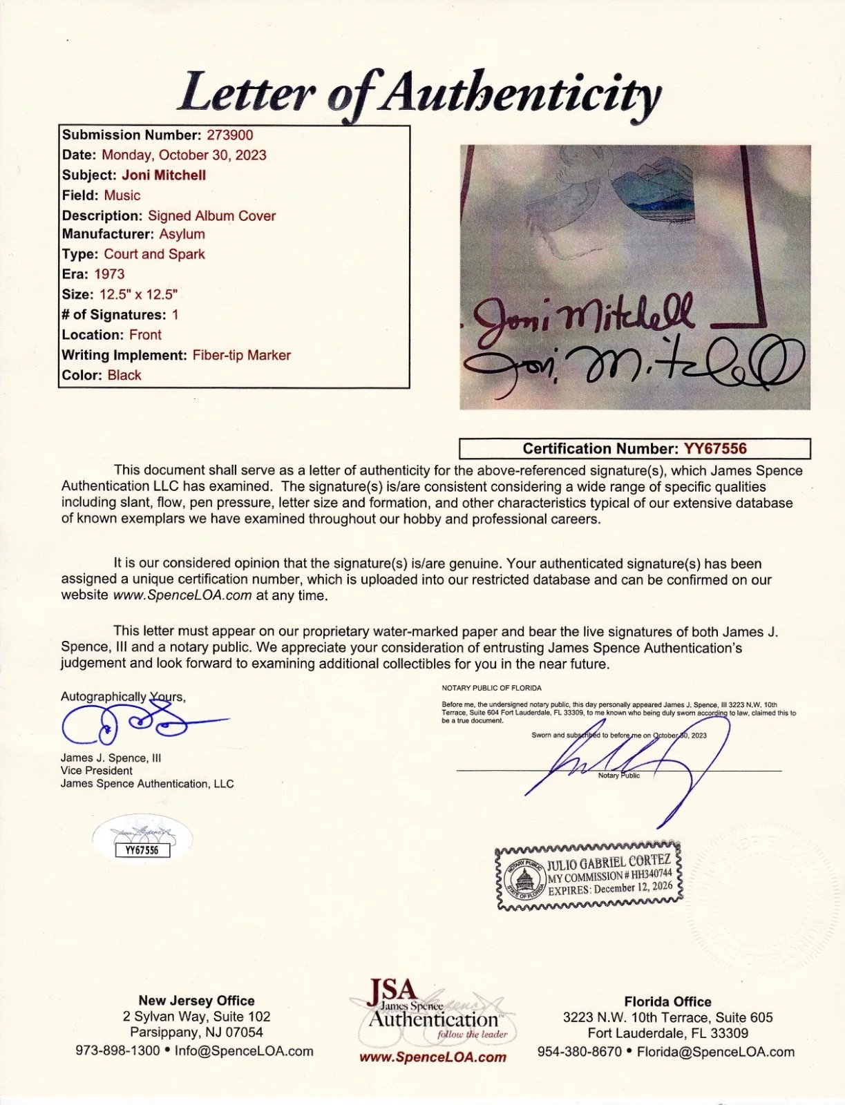 JONI MITCHELL HAND SIGNED AUTOGRAPHED COURT AND SPARK ALBUM RARE W/PROOF JSA COA, image 4