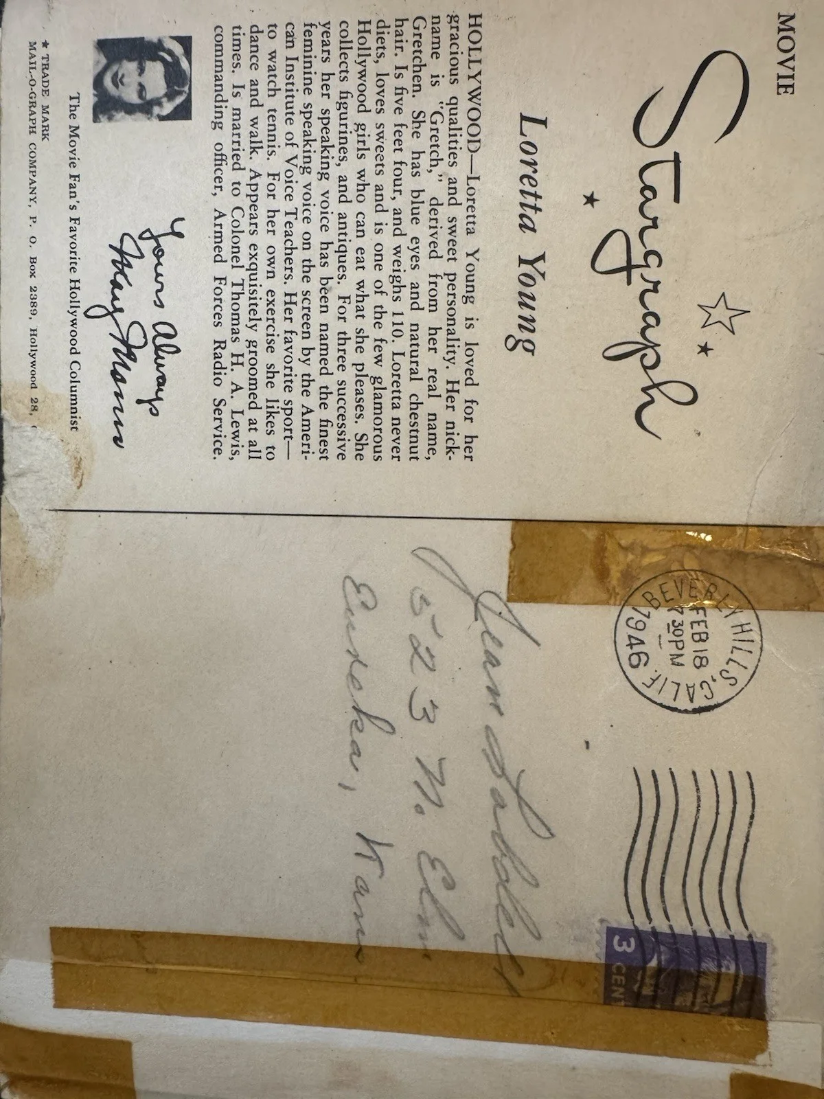 LORETTA YOUNG VINTAGE SIGNED 5x7 AUTOGRAPH DATED 1948, image 2