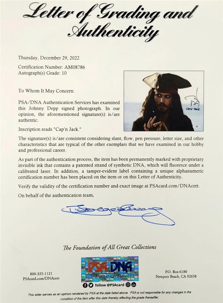 Johnny Depp — Johnny Depp signed "Captain Jack" Pirates of Carribbean 11x14 Photo PSA 10 Auto, изображение 4