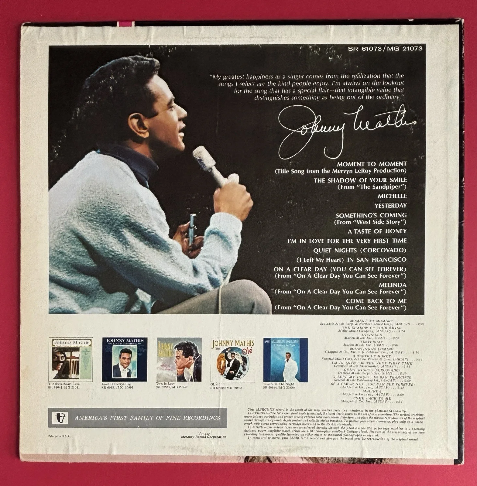 JOHNNY MATHIS Signed THE SHADOW OF YOUR SMILE Vinyl LP Record Album PSA DNA COA, изображение 4