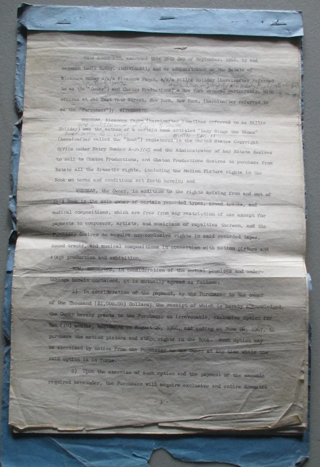 Billie Holiday "Lady Sings the Blues" Movie/Music Contract Sold $1,000 by Estate, изображение 2