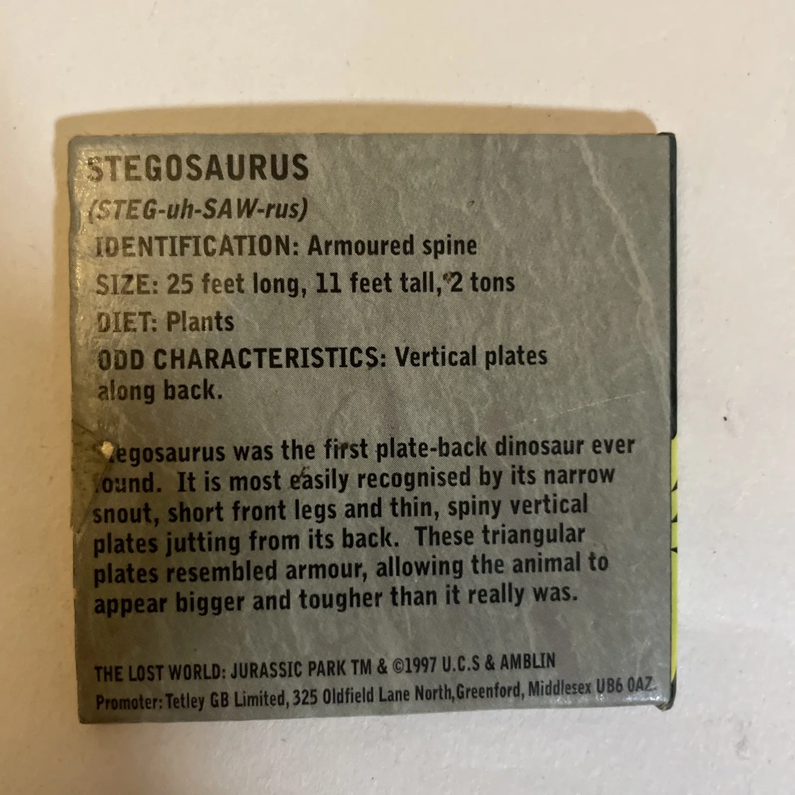 Coin #2 The Lost World Jurassic Park Bronze Treasure Coins 1997 Tetley, изображение 2