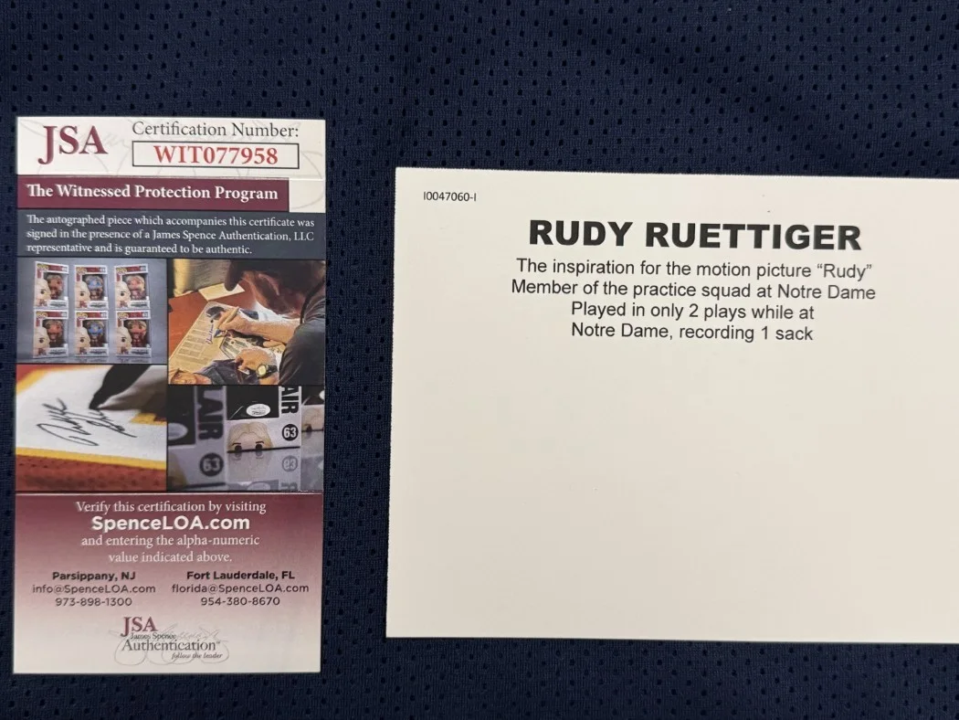 Rudy Ruettiger — Rudy Ruettiger Signed Autographed Custom Football Jersey "Never Quit" JSA, изображение 5