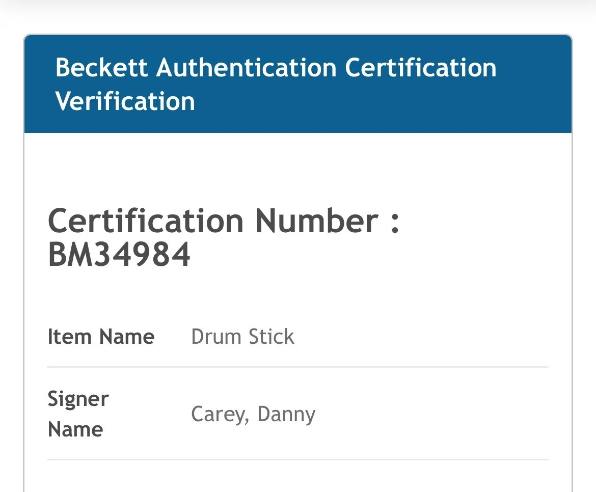 DANNY CAREY TOOL DRUMMER SIGNED SIGNATURE DRUMSTICK BECKETT QR BM34984, image 4