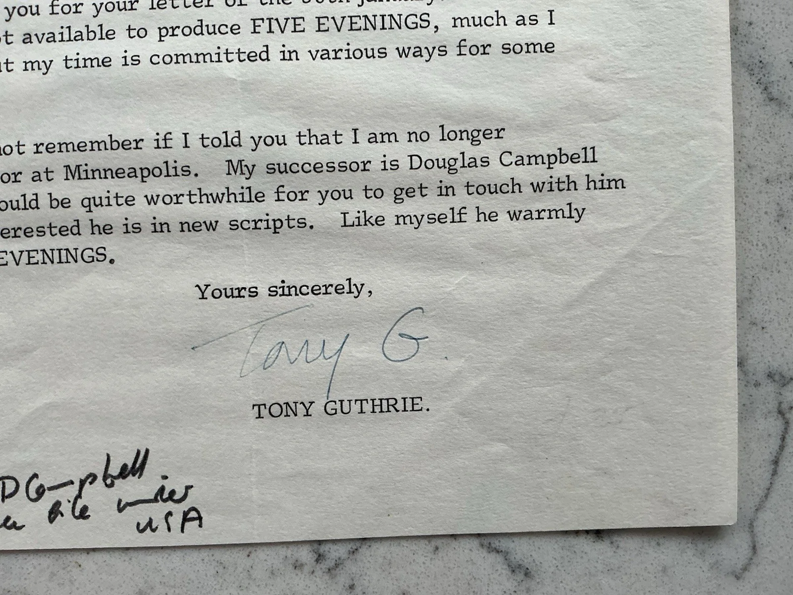 TONY TYRONE GUTHRIE THEATRE DIRECTOR SIGNED TLS AUTOGRAPHED LETTER 1966 BRISTOL, изображение 2