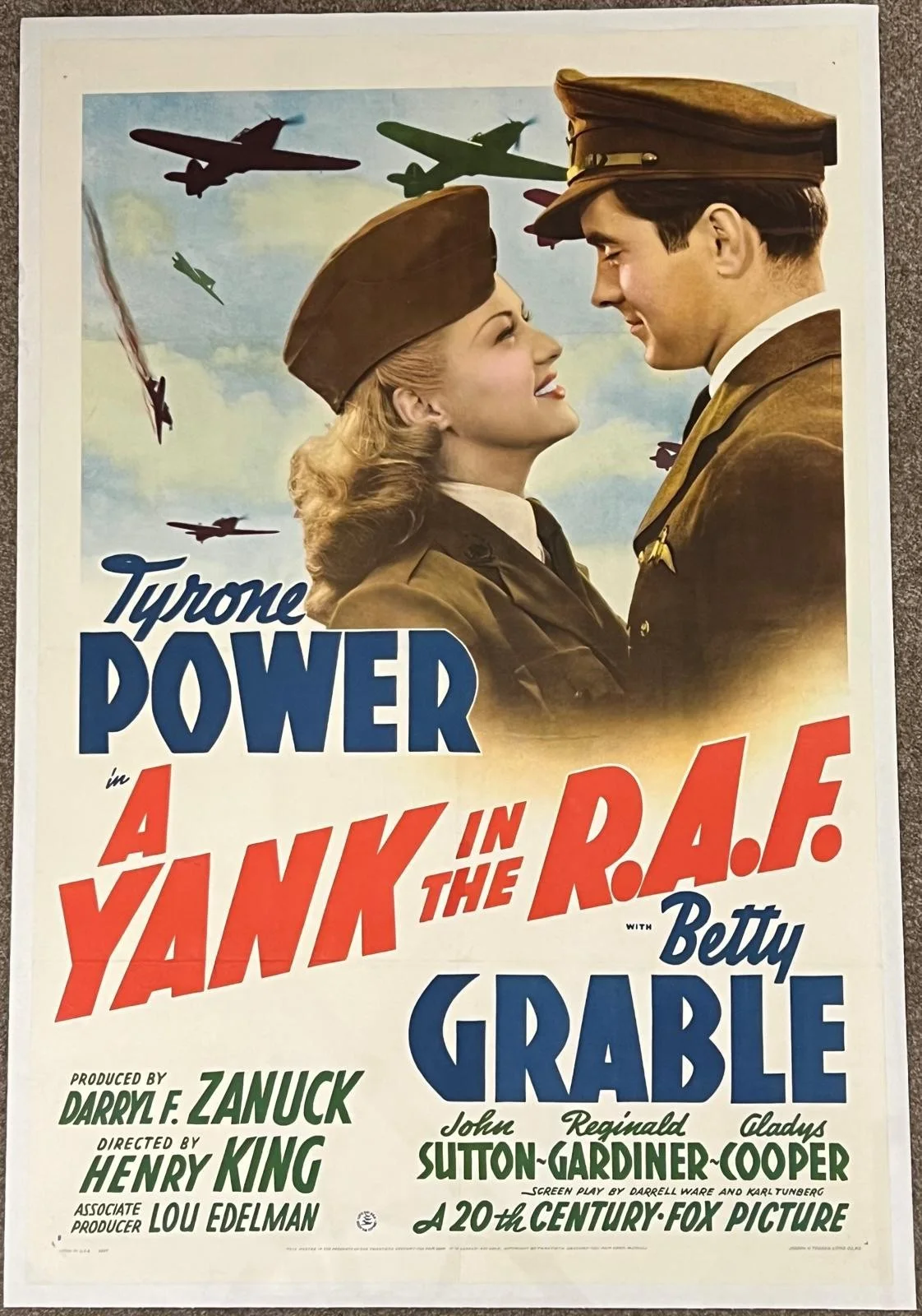 A Yank In The RAF Style B 27x41" 1941 US One Sheet Poster Linen Backed, image 4