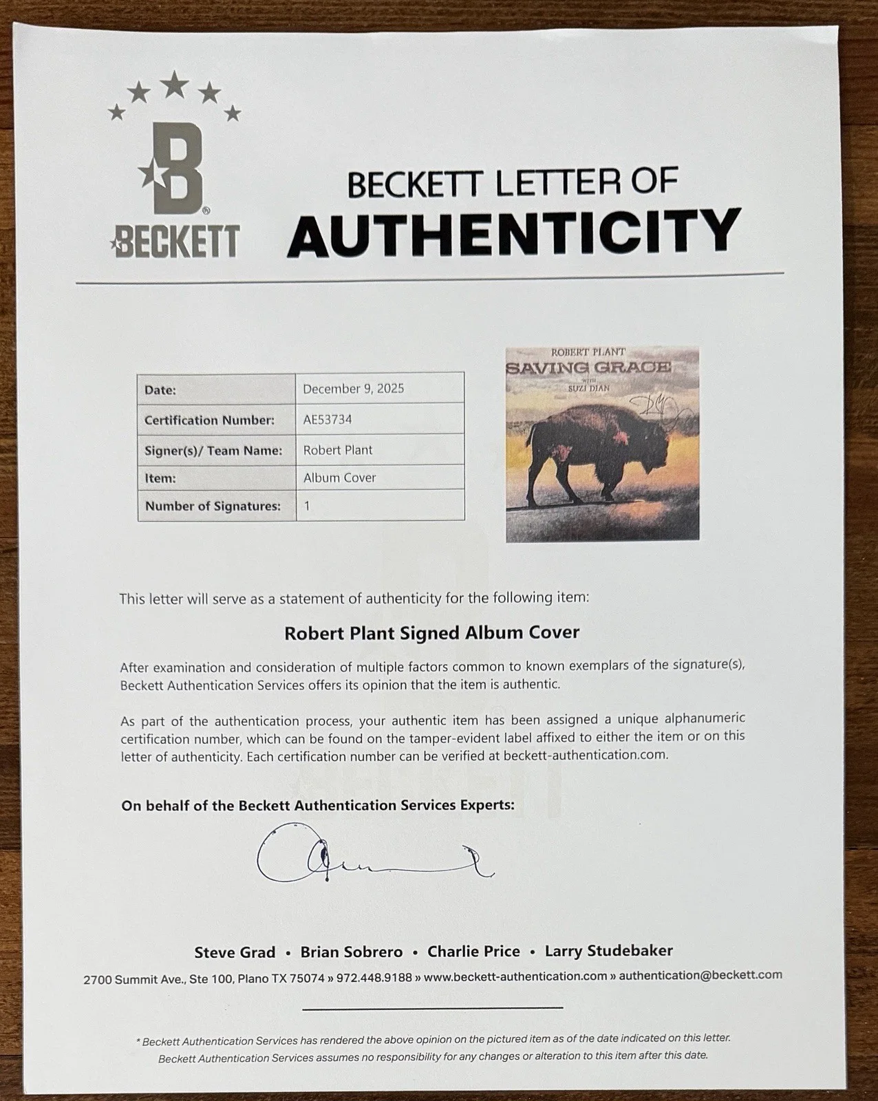 Robert Plant — LED ZEPPLIN Robert Plant SIGNED SAVING GRACE VINYL LP COVER AUTO BECKETT BAS COA, изображение 4