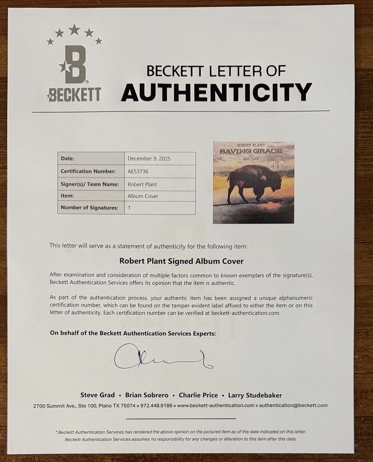 Robert Plant — ROBERT PLANT LED ZEPPLIN SIGNED SAVING GRACE VINYL LP COVER BECKETT BAS COA, изображение 2
