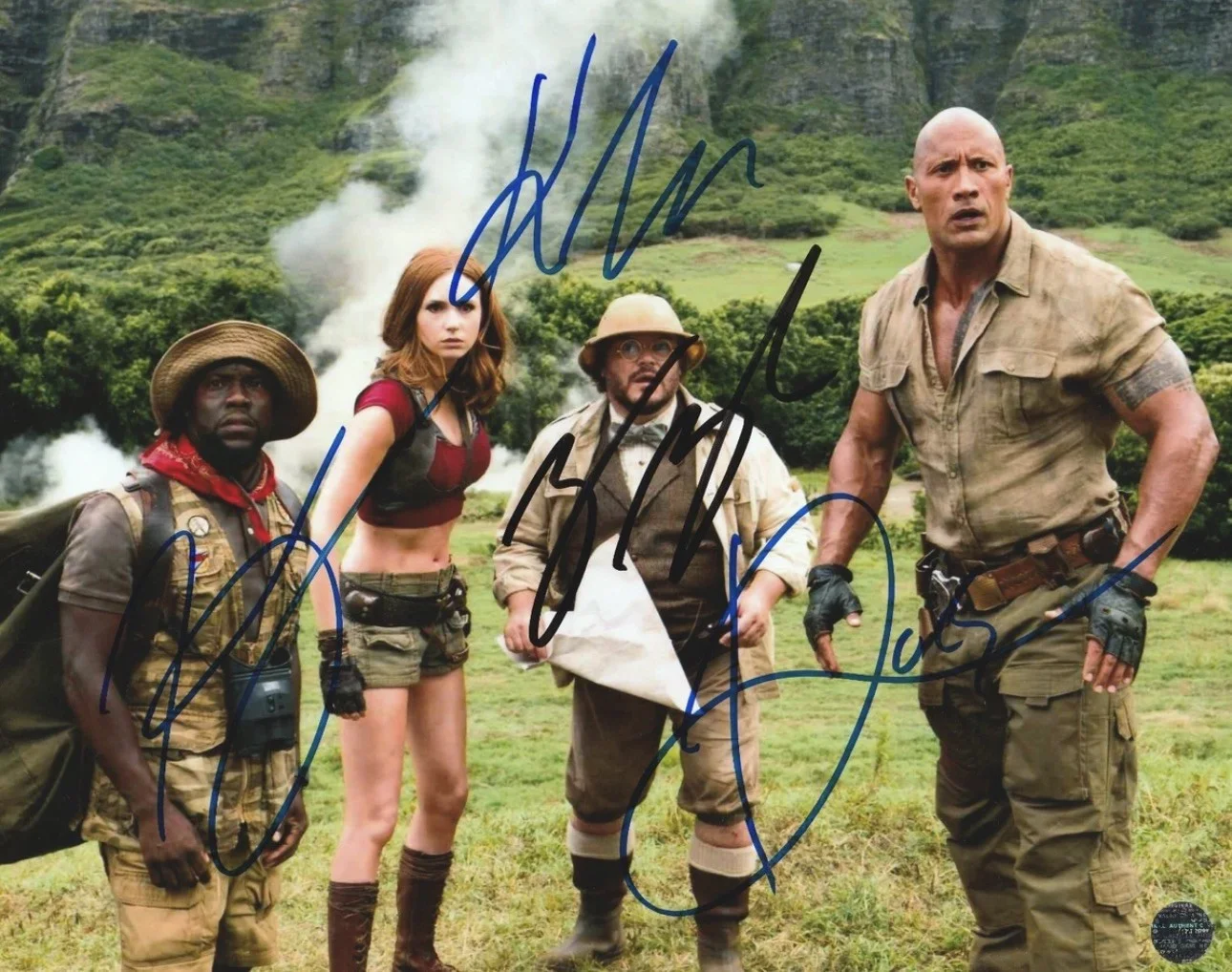 Kevin Hart & Dwayne The Rock Johnson, Jack Black, Karen Gillan — Jumanji 8x10 Photo Signed by Entire Cast (The Rock, Hart+2) COA/MatchingHologram