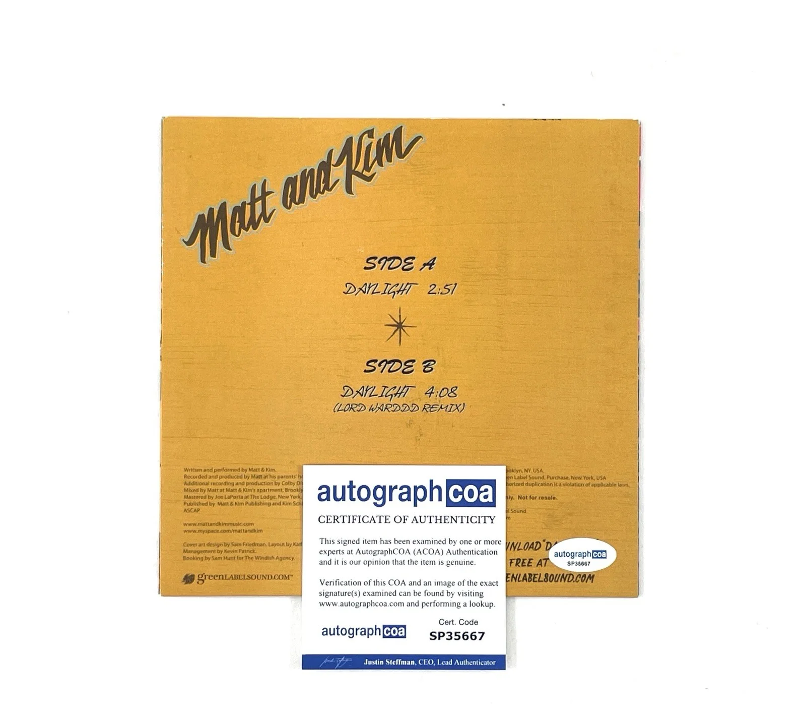 Matt And Kim Band Signed Daylight Promo 7” Vinyl Matt Johnson Kim Schifino ACOA, изображение 2