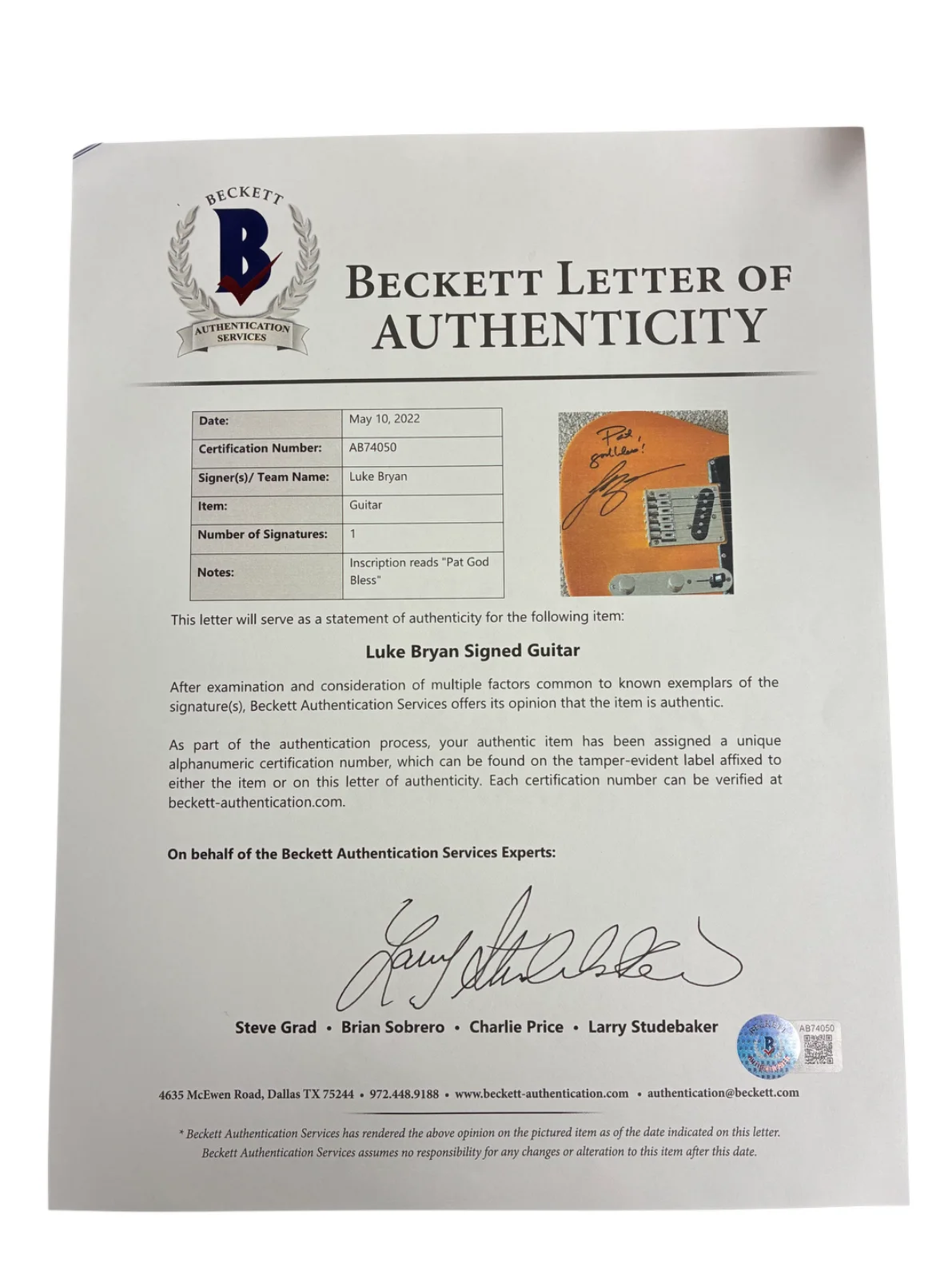 Luke Bryan Signed Autographed Inscribed Guitar BAS COA, image 3