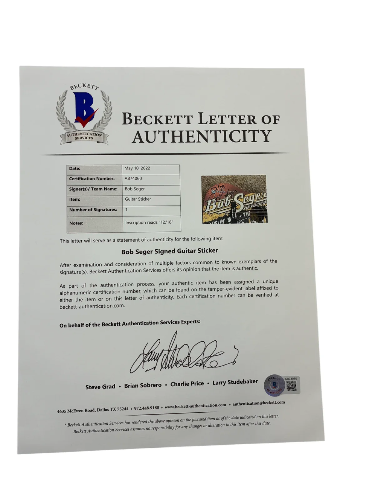 Bob Seger Signed Autographed Inscribed Guitar BAS COA, image 3