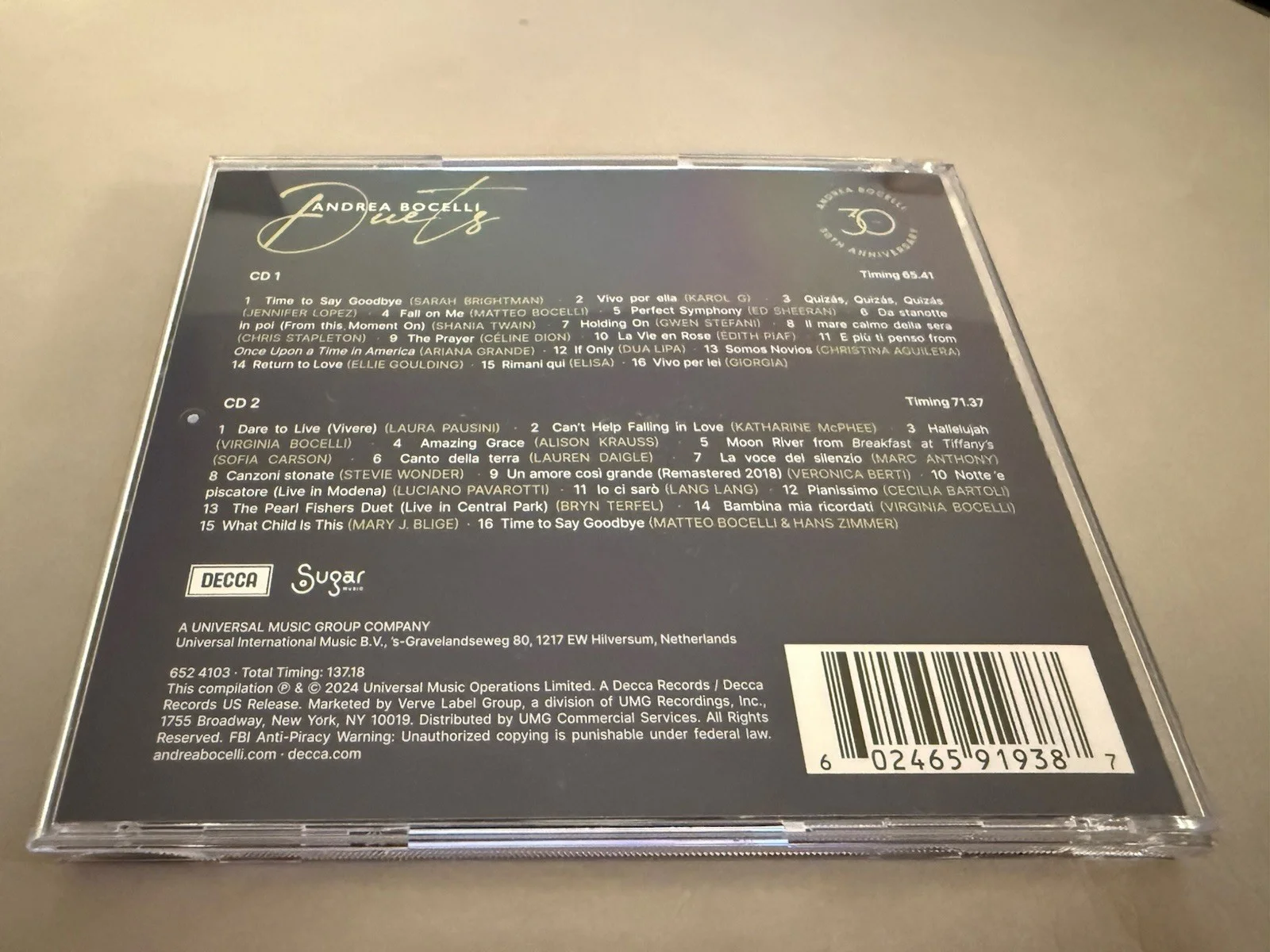 Andrea Bocelli Signed Autograped Duets 30th Anniversary Double CD, image 3